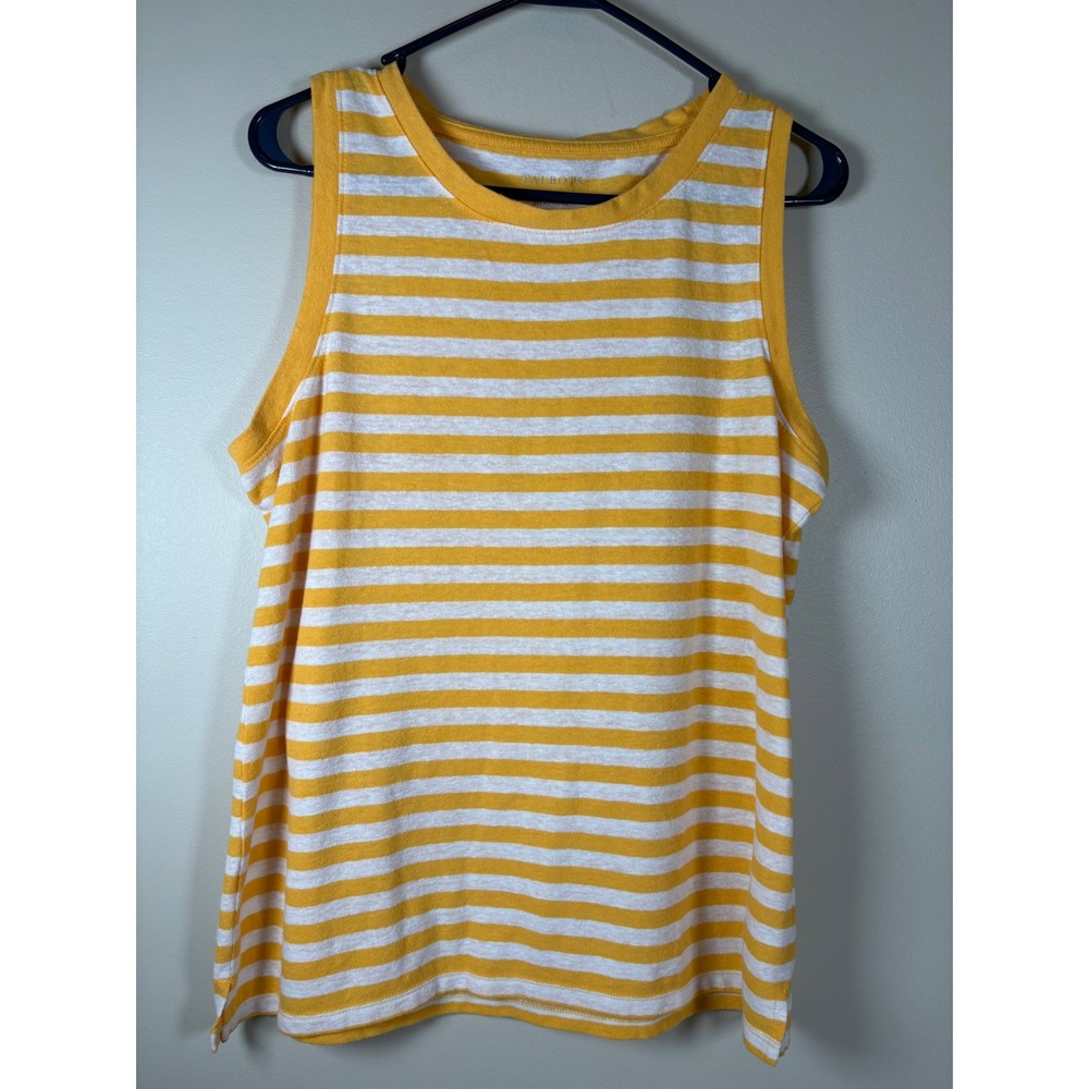 Talbots Womens Yellow White Striped Linen Blend Tank Top Sleeveless Crew Neck‎ L